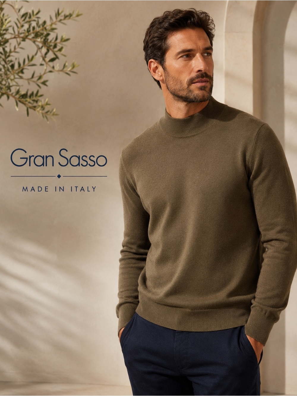 Gran Sasso Mock Neck Pullover Sweater Olive Green Size 50